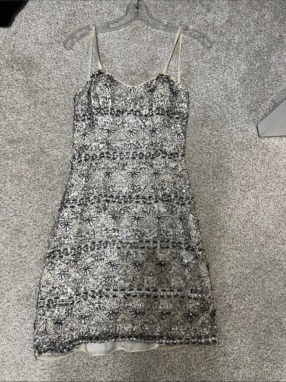 Elegant Silver Sequin Slip Dress with Black Beaded Pattern